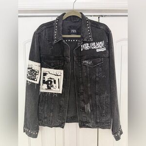 ZARA Black Stud-Trim Distressed Denim Jacket with White Graphic Patches